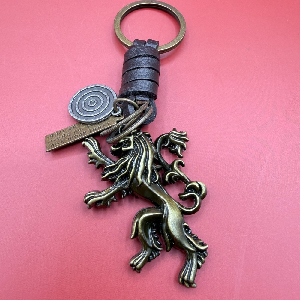 Lannister Lion Keychain Bronze Tone Leather Charm Game of Thrones Style Gift